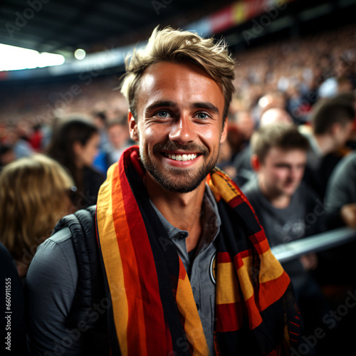 Joyful young man wearing a team scarf, standing out in a crowded stadium atmosphere.