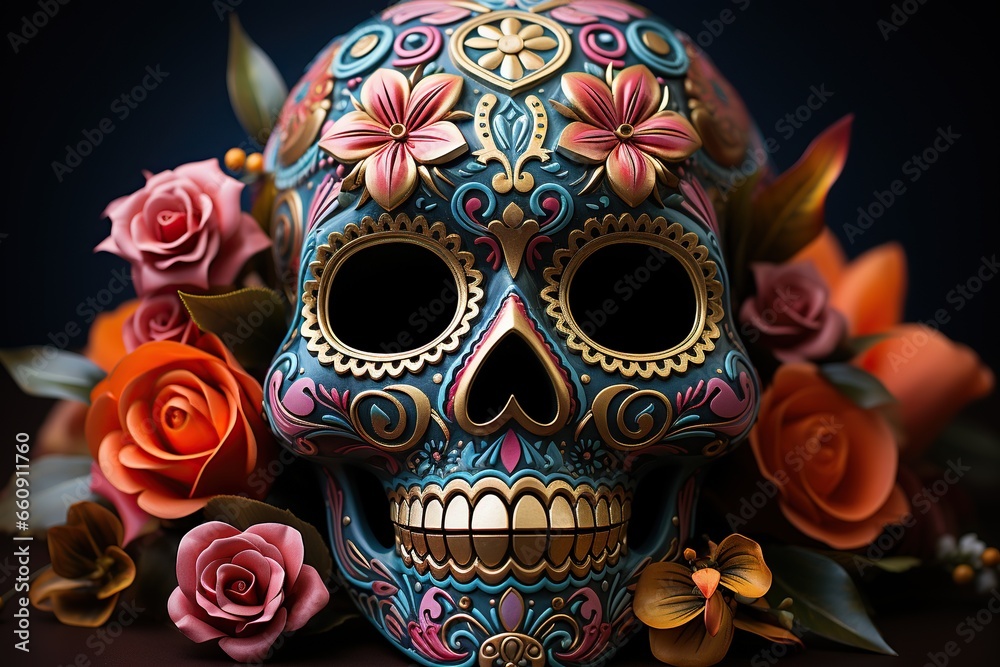 Mexican sugar skull with colorful flowers on dark background, closeup