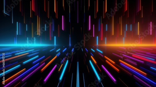 Optical illusion, Light colorful neon lighted lines on black vector background.