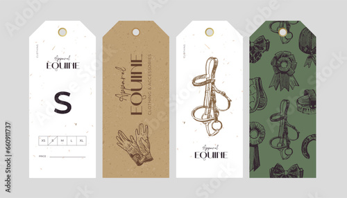 Clothing tags design, equestrian shop product, hand drawn horse tack and harness, horseback riding accessories, classical vintage style illustrations