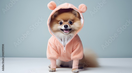 Small, adorable dog is dressed in funny costume. Pets fashion fun. Dog in cute pajamas. Outfit for animals for humor.