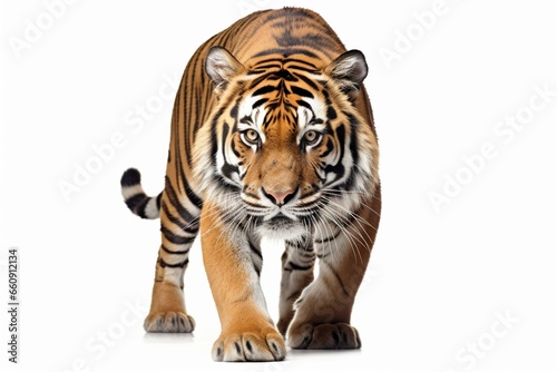A solitary royal tiger on white background  with piercing gaze fixed on prey. Concept of hunting. Generative AI