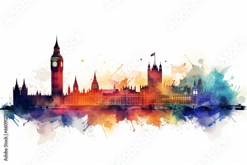 Watercolor skyline silhouette of London cityscape with buildings, towers, and landmarks. Generative AI