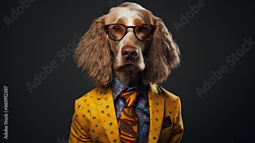 Dog in suit. Pet is dressed up in humorous, stylish suit complete with a tie for intellectual look. Trendy dog clothing for Funny humor. Dog with glasses and colorful costume.