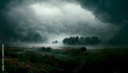 Fotografija Atmospheric environment desaturated bluegreen uninhabited scrubland in a storm h