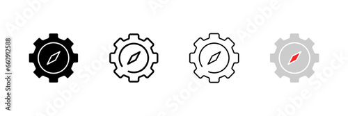 Setting up the icon navigator. Different styles, arrow inside a gear, navigator settings. Vector icons