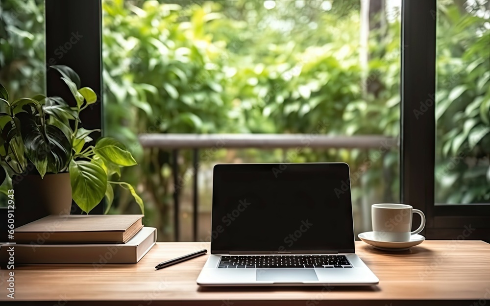 Elevate workspace. Modern laptop and coffee in home office. Productive morning in stylish office. Professional workstation. Clean desk Elevate workspace. Modern laptop and coffee in home office. Productive morning in stylish office. Professional workstation. Clean desk