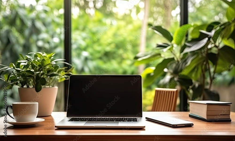 Elevate workspace. Modern laptop and coffee in home office. Productive morning in stylish office. Professional workstation. Clean desk Elevate workspace. Modern laptop and coffee in home office. Productive morning in stylish office. Professional workstation. Clean desk