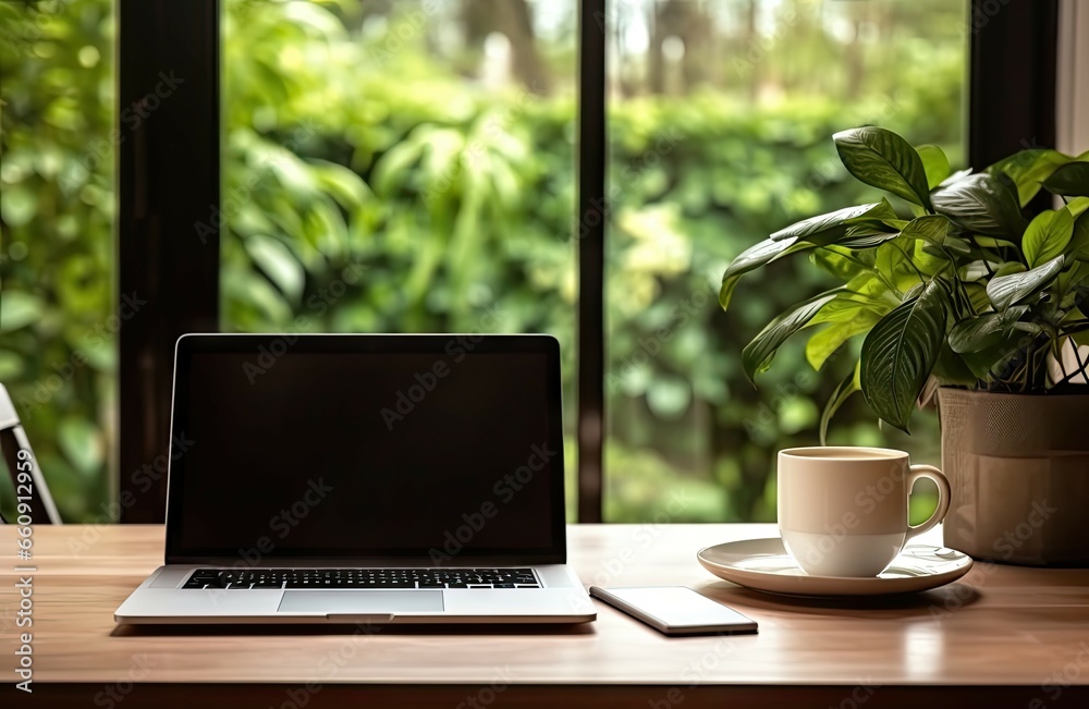 Elevate workspace. Modern laptop and coffee in home office. Productive morning in stylish office. Professional workstation. Clean desk Elevate workspace. Modern laptop and coffee in home office. Productive morning in stylish office. Professional workstation. Clean desk