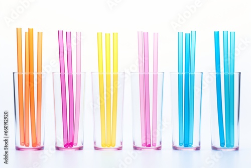 Colorful drinking straws in a transparent glass jar, isolated on a white background photo