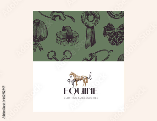 Equestrian card design, equestrian shop product, hand drawn horse tack and harness, horseback riding apparel, classical vintage style drawings