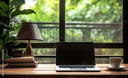 Elevate workspace. Modern laptop and coffee in home office. Productive morning in stylish office. Professional workstation. Clean desk