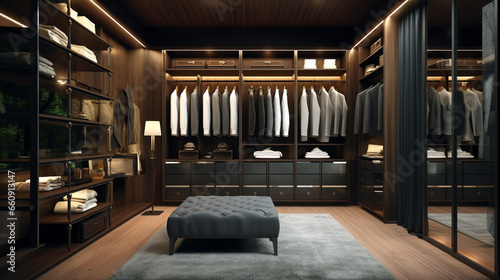 Luxury men's dressing room from black furniture in  classic style. Luxury dressing room for man, 3d render.  Modern male dressing room with dark furniture and pouf.  AI generated  design interior. © Valua Vitaly
