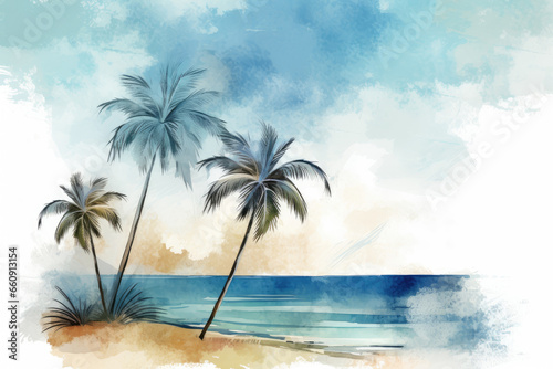 Illustration of palm trees on the beach with ocean sea, watercolor painting of palm trees isolated on white background