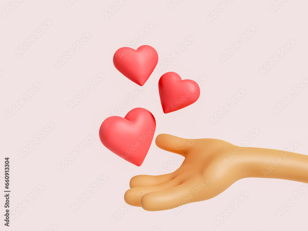 hearts on a 3d cartoon hand