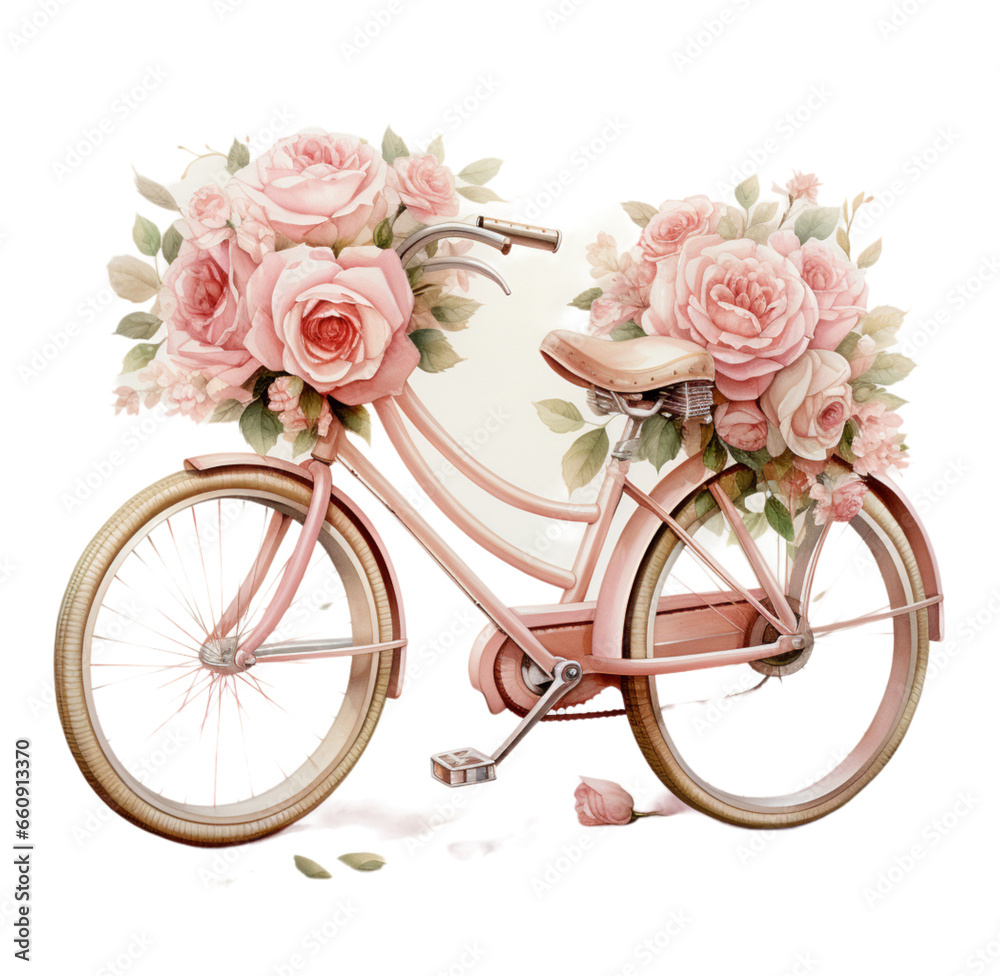 Watercolor pink bicycle with flower illustration. Generative AI, png image
