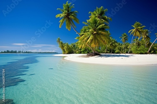 Idyllic remote island featuring lush palm trees and an uninhabited sandy shoreline. Generative AI