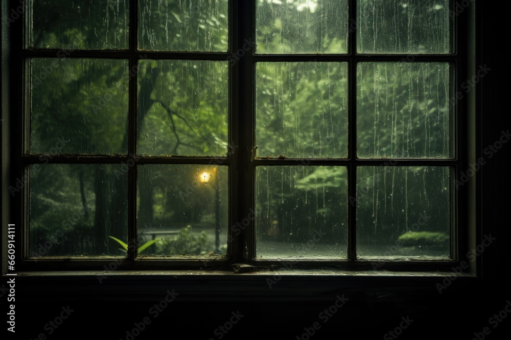 Photo shot through a window, Rain soaked window with a moody ambiance Photo shot through a window, Rain soaked window with a moody ambiance