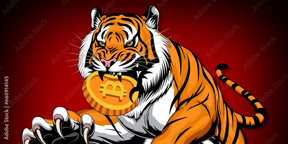 A tiger with bitcoin in its teeth 
