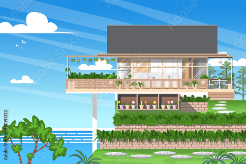 Seaside restaurant with modern style and balcony on blue sky background.