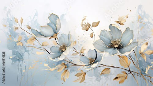 a painting of blue flowers on a white background.   Watercolor Painting of a Beige color flower, Perfect for Wall Art.