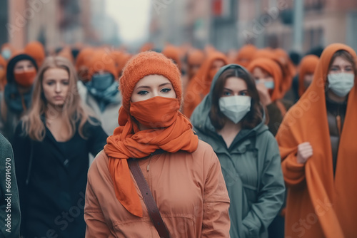 Group of protestors fighting for women rights wearing face masks and walking on the street. © FutureStock