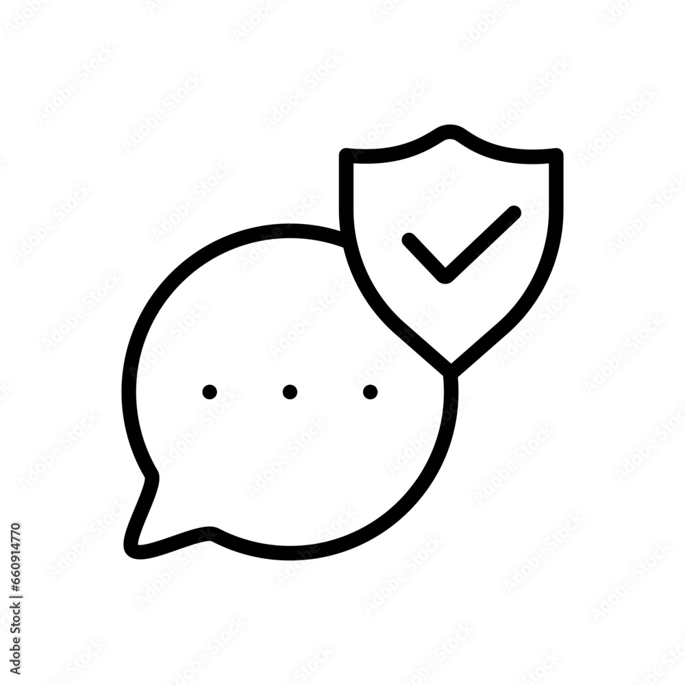 Confirmed message icon. Outline, shield with check mark on message bubble, confirmed message. Vector icon Confirmed message icon. Outline, shield with check mark on message bubble, confirmed message. Vector icon