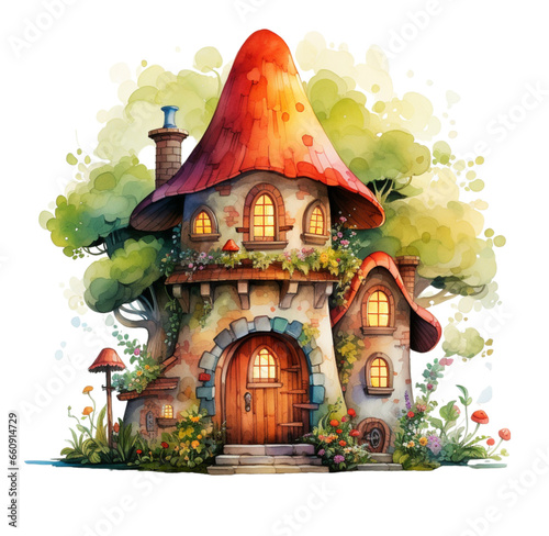 Watercolor orange mushroom house, fantasy house illustration. Generative AI, png image