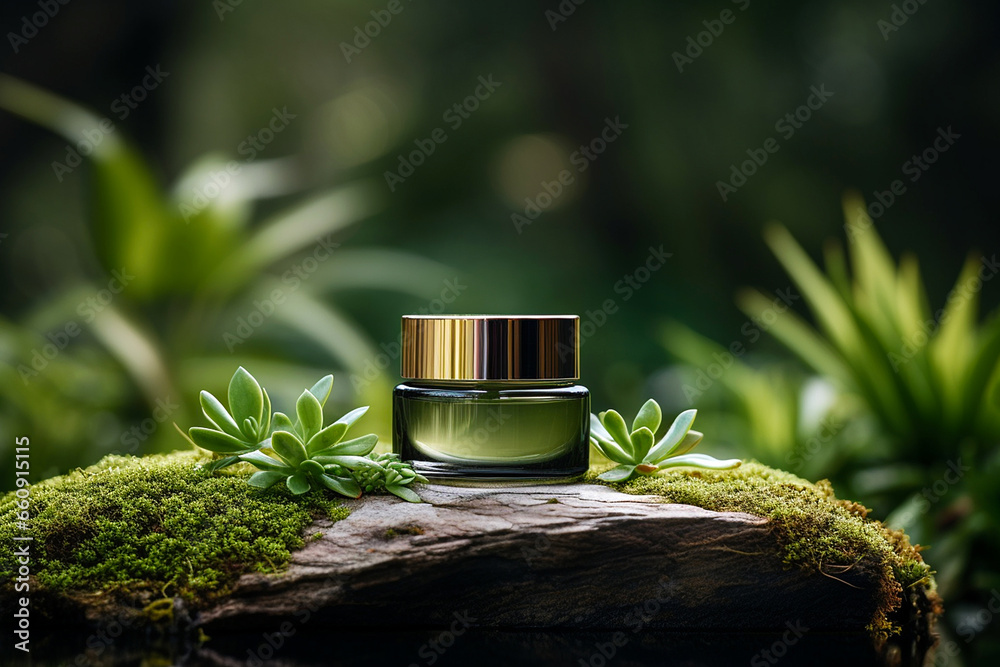 Green cosmetics, jar of cosmetic moisturizer cream on nature background. Organic natural ingredients beauty product among green plants. Skin care, beauty and spa product presentation, copy space. - obrazy, fototapety, plakaty 