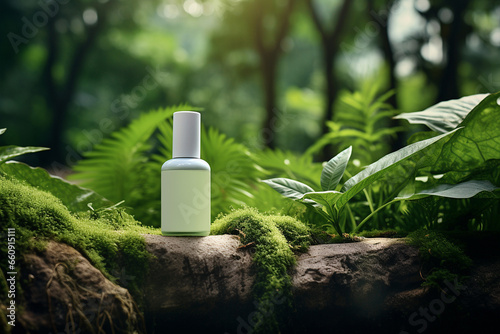 Green cosmetics, bottle of cosmetic serum or moisturizer on nature background. Organic natural ingredients beauty product among green plants. Skin care, beauty and spa product presentation, copy space photo