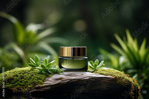 Green cosmetics, jar of cosmetic moisturizer cream on nature background. Organic natural ingredients beauty product among green plants. Skin care, beauty and spa product presentation, copy space.