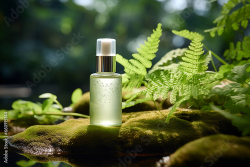 Green cosmetics, bottle of cosmetic serum or moisturizer on nature background. Organic natural ingredients beauty product among green plants. Skin care, beauty and spa product presentation, copy space