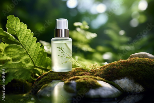 Green cosmetics, bottle of cosmetic serum or moisturizer on nature background. Organic natural ingredients beauty product among green plants. Skin care, beauty and spa product presentation, copy space