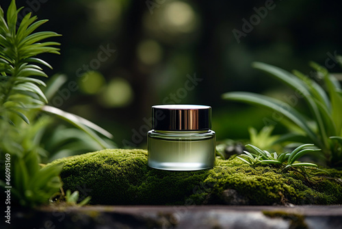 Green cosmetics, jar of cosmetic moisturizer cream on nature background. Organic natural ingredients beauty product among green plants. Skin care, beauty and spa product presentation, copy space. photo