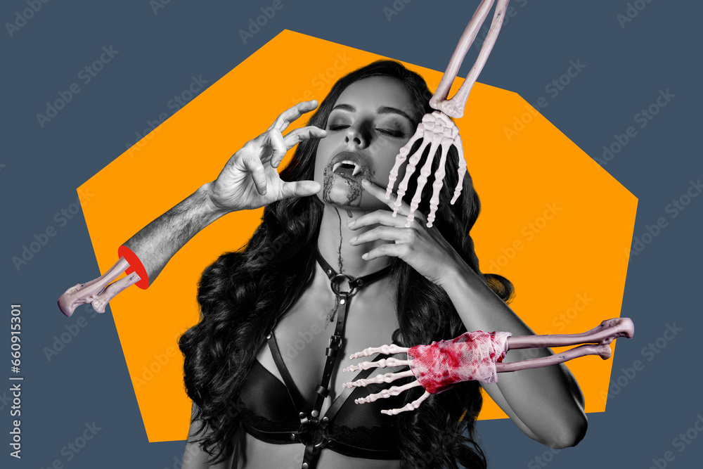 Composite creative photo artwork collage of beautiful woman in vampire costume drink blood with fangs isolated on colorful background
