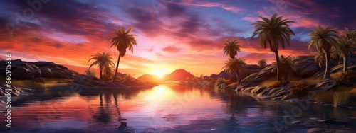 Desert oasis at sunset photo realistic illustration - Generative AI.