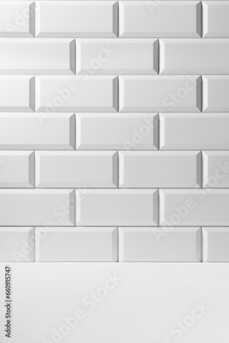 Soft light white abstract scene grey gradient of white glossy ceramic rectangle tiles on wall, wood floor mockup. Abstract interior of bathroom, kitchen, spa salon or scene for presentation, design. © finepoints