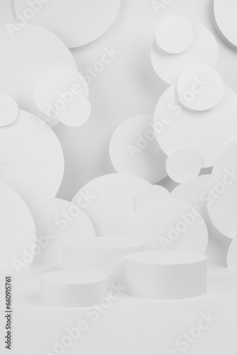 Abstract white scene with three round podiums mockup on white background decorated of flying circles. Template for presentation cosmetic products, goods, advertising, design, sale, text, display.