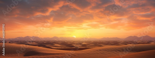 Desert at sunset photo realistic illustration - Generative AI. © Mariia