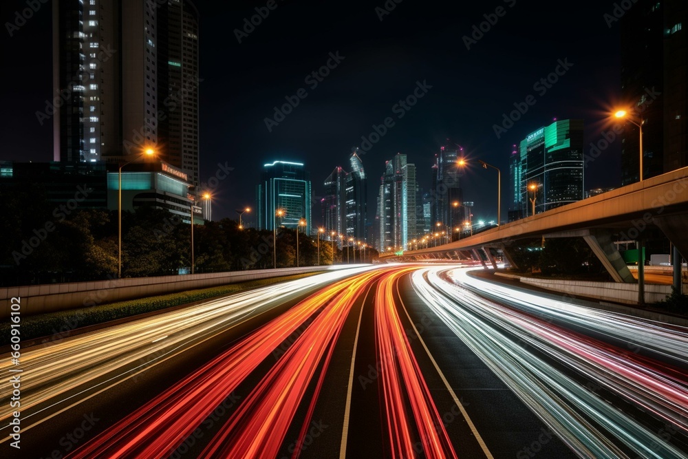 Nighttime urban traffic under long exposure. Captured from a low angle, giving an illustrative perspective. Generative AI