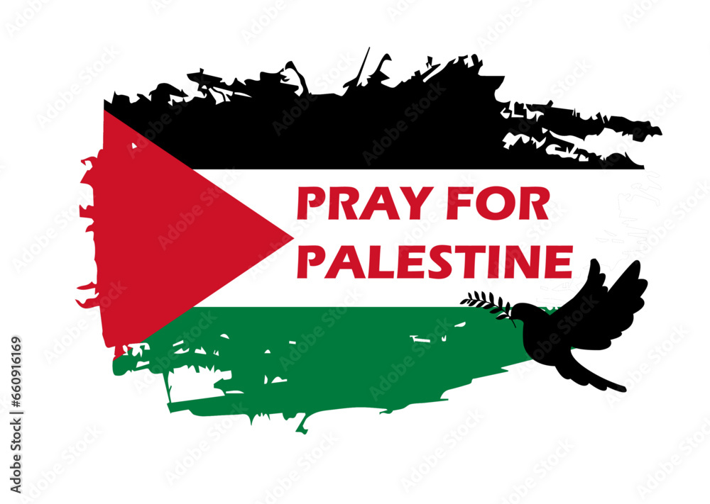 palestine flag along with pray for palestine, dove with olive branch in
