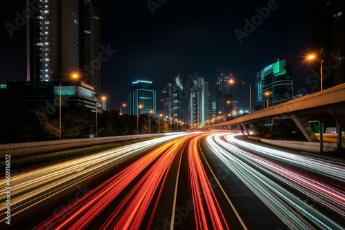 Nighttime urban traffic under long exposure. Captured from a low angle, giving an illustrative perspective. Generative AI