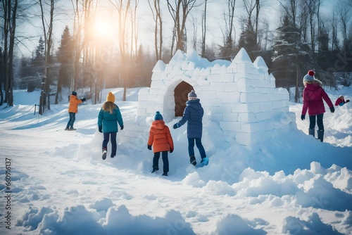 A card with a group of children building a snow fort.