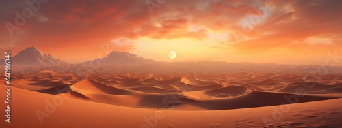Desert at sunset photo realistic illustration - Generative AI.