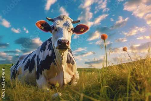 Cow in grassy meadow under blue sky. Generative AI