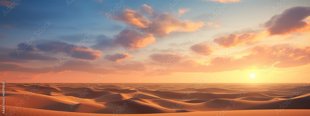 Desert at sunset photo realistic illustration - Generative AI.
