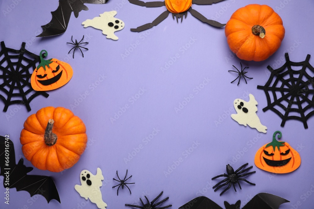 Frame made of bats, pumpkins, ghosts and spiders on purple background, space for text. Halloween celebration Frame made of bats, pumpkins, ghosts and spiders on purple background, space for text. Halloween celebration