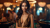 A beautiful girl croupier at the casino at the table in Casino. Gambling, Poker.