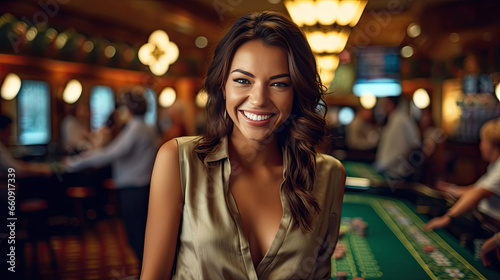 a happy female croupier at the casino at the table in Casino. Gambling, Poker.