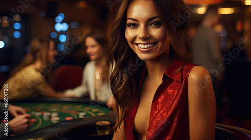a happy lady croupier at the casino at the table in Casino. Gambling, Poker.